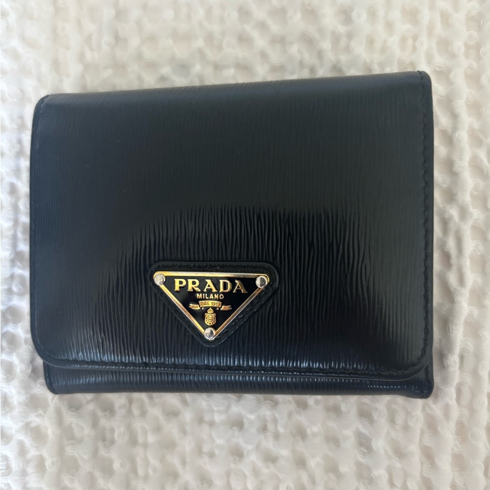 Prada Black Textured Leather Tri Fold Wallet